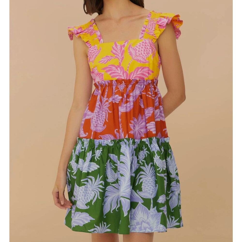 Farm Rio Mixed Tropical Swing Mini Dress Womens XXS Tiered Smocked Back Summer